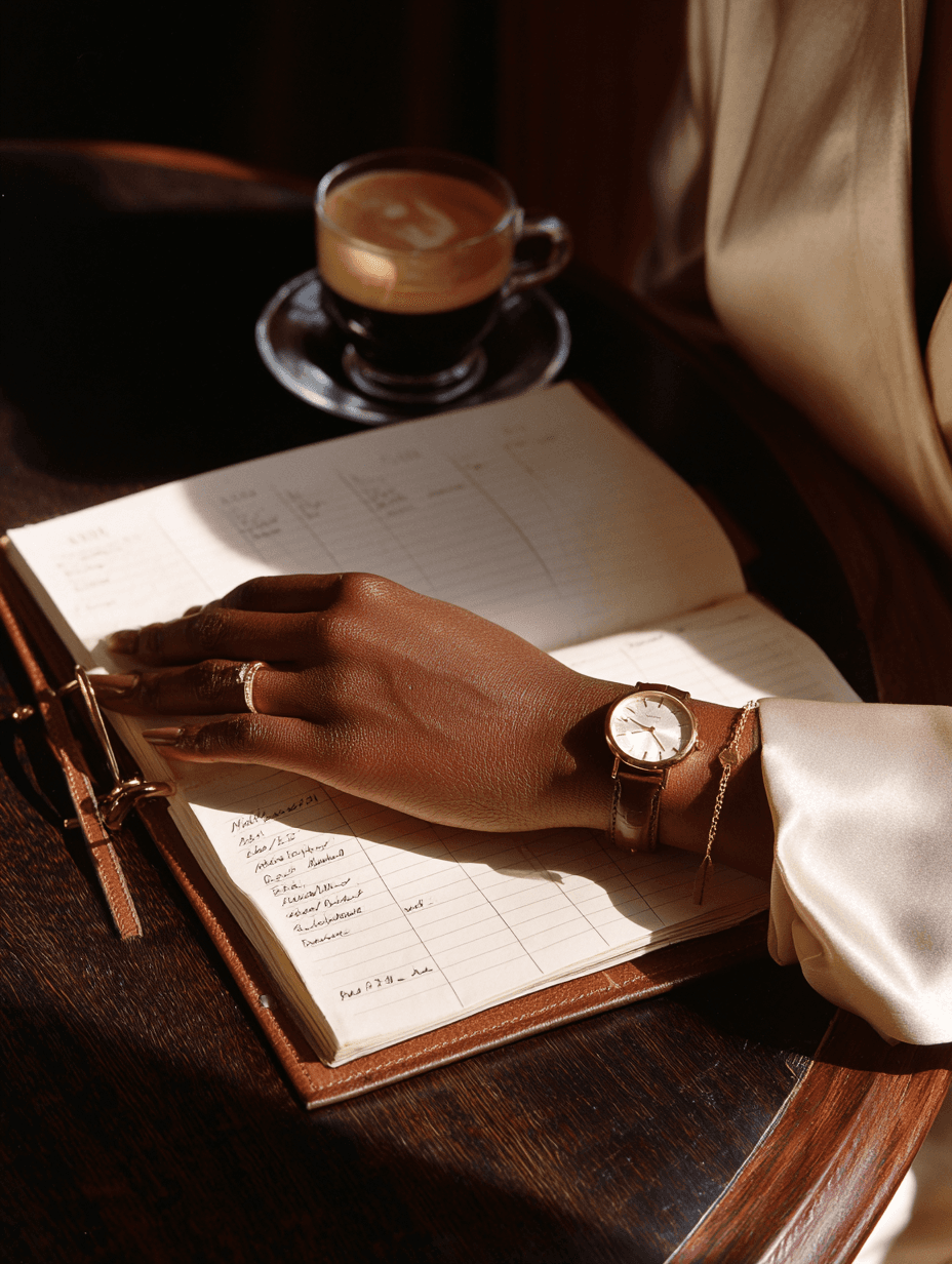 Mão de advogada negra com relógio elegante e blusa de seda apoiada em agenda aberta com café espresso ao lado
