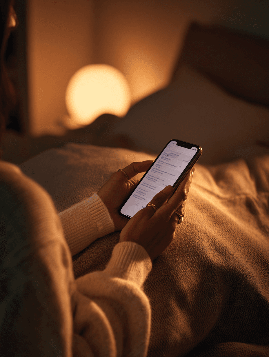 Mãos segurando celular com chat aberto, suéter creme, abajur quente ao fundo, ambiente noturno em casa