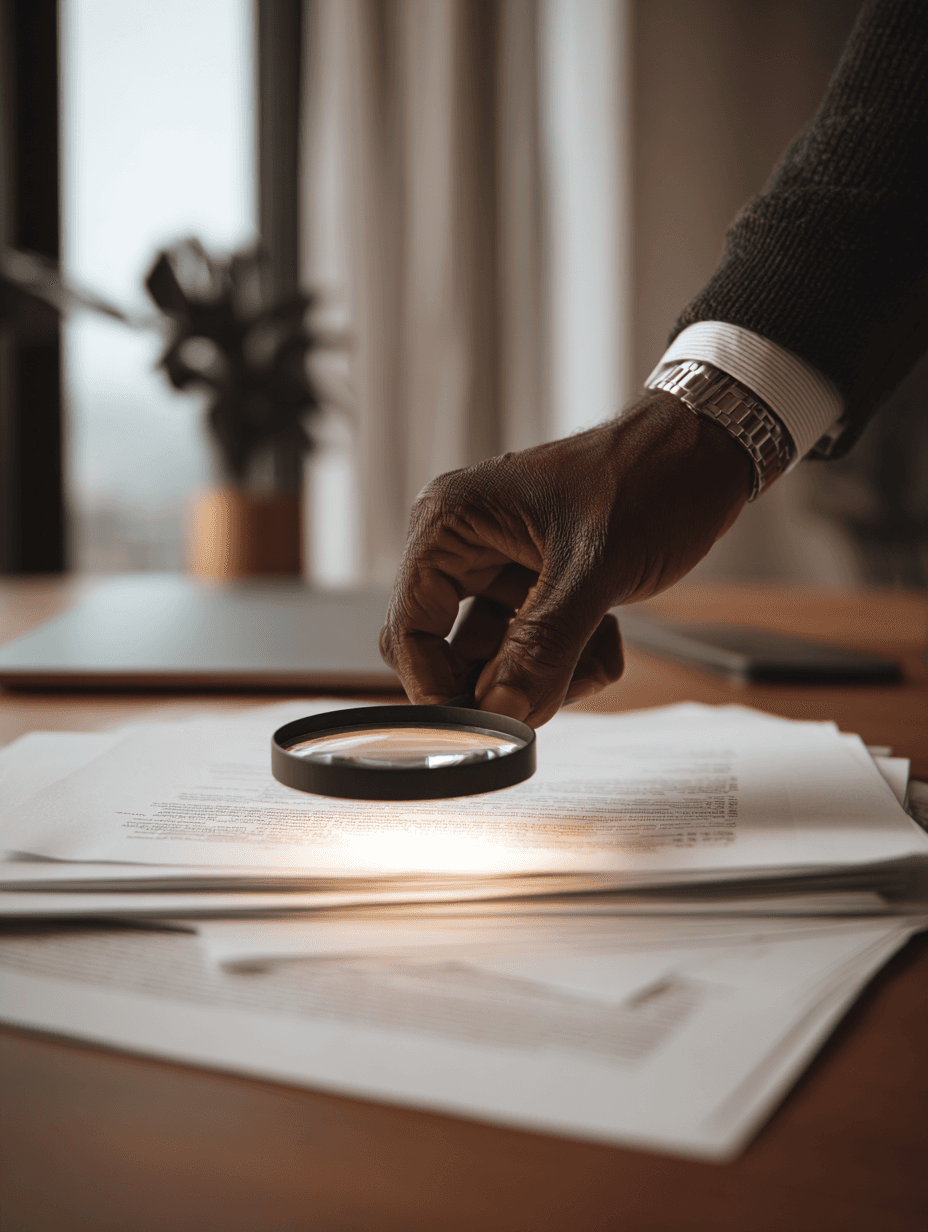 Mão de advogado negro deslizando lupa moderna sobre documentos com um deles destacado por halo de luz