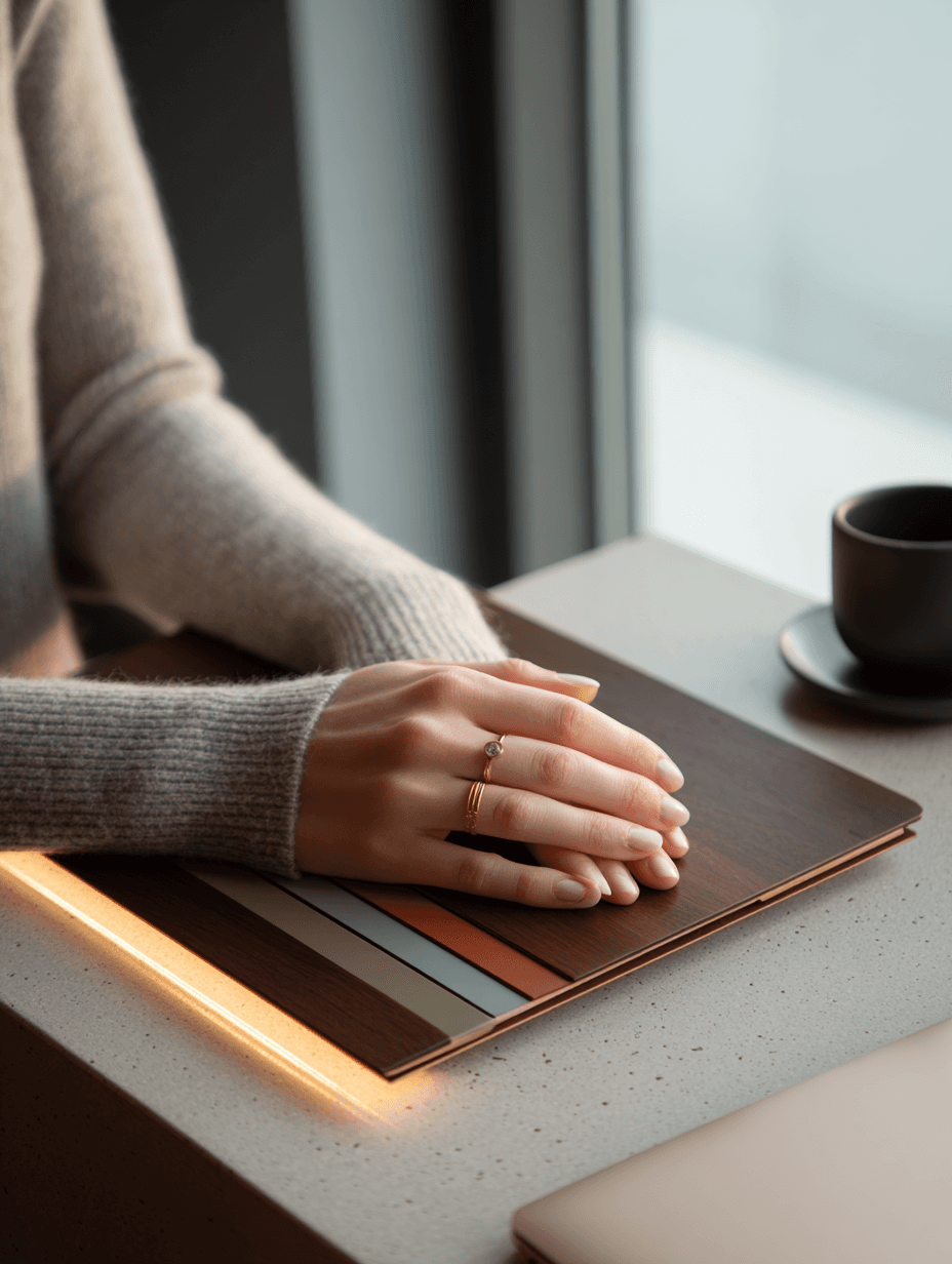 Mãos de mulher branca sobre folio walnut moderno com luz LED suave e tabs coloridos das laterais — memória viva do caso