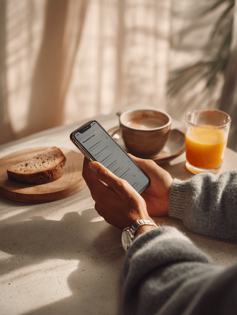 Mãos segurando celular com briefing aberto sobre mesa de café da manhã com espresso, suco e pão, luz natural manhã